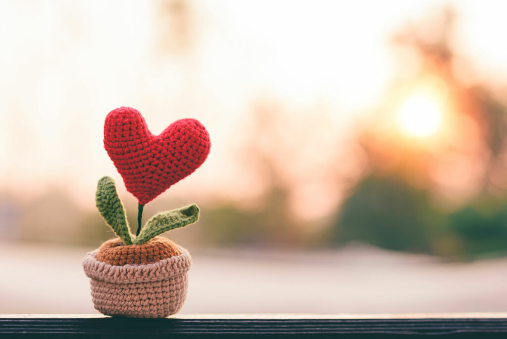 knitted heart flower by sunlight to donate to Transformation Ministries